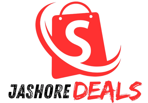 Logo of Jashore Deals with a red shopping bag and text on a white background